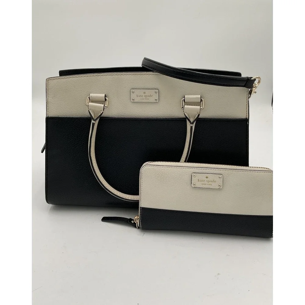 Kate Spade New York Grove Street Caley Leather Satchel, Black&White With Wallet